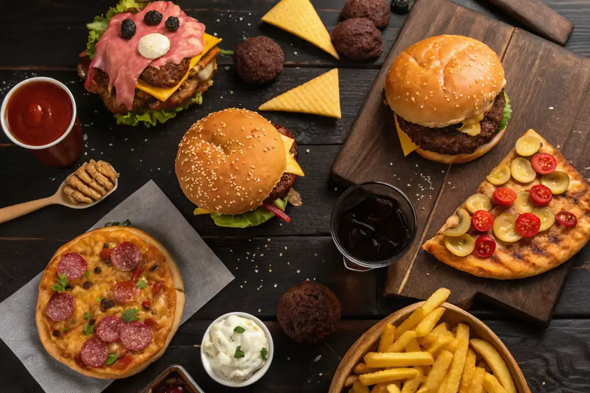 A variety of fattening foods displayed on a rustic wooden table