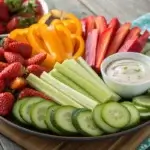 Colorful platter of 0 calorie snacks on a wooden table