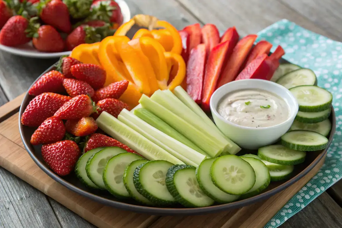 Colorful platter of 0 calorie snacks on a wooden table