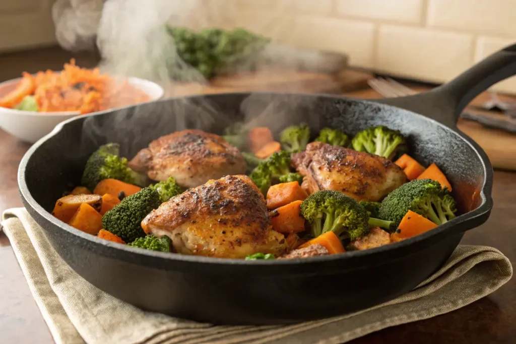 One-pan meal with chicken, sweet potatoes, and broccoli in a skillet