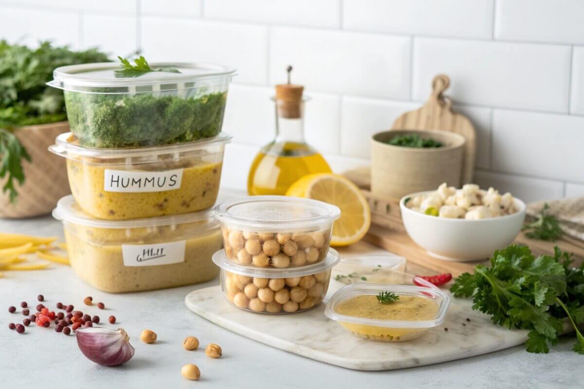 Hummus stored in airtight containers with fresh ingredients