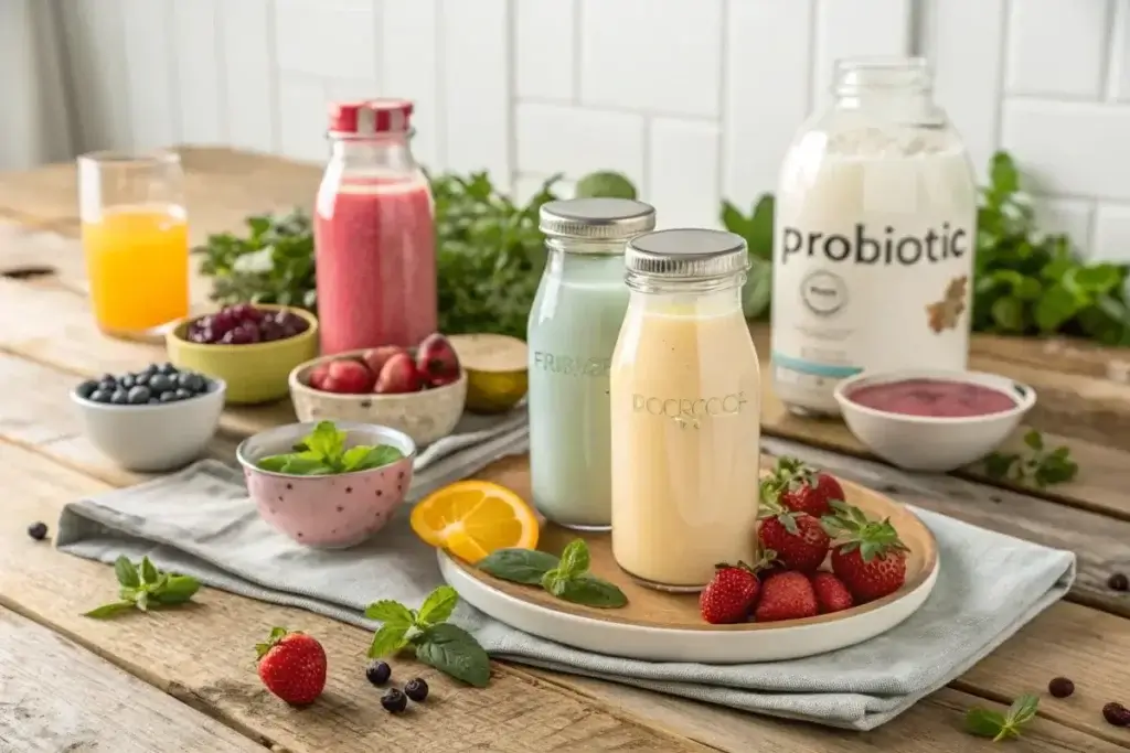 A colorful assortment of probiotic drinks, including kombucha, kefir, and yogurt drinks