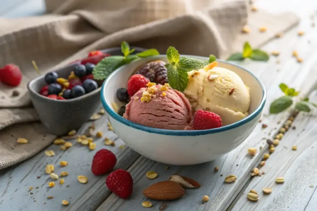 Bowl of colorful diabetic-friendly ice cream with fresh berries and nuts