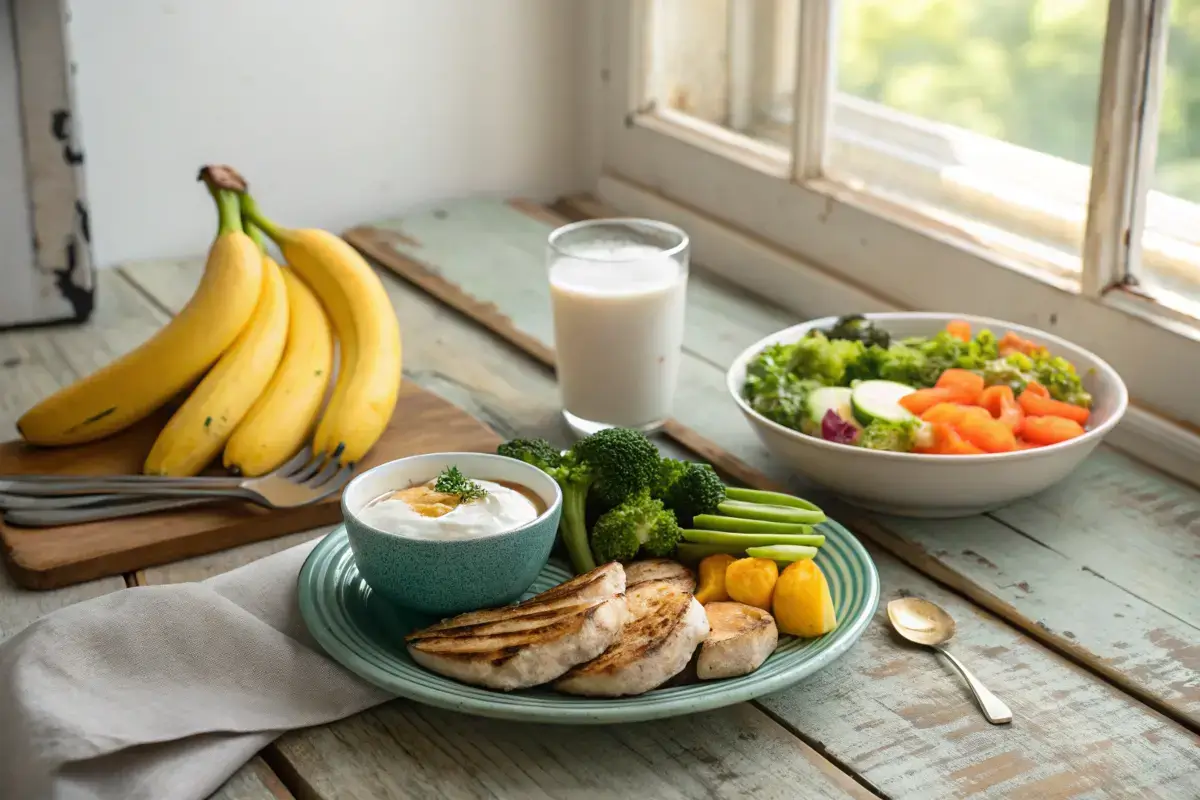 Ulcer-friendly meal setup with bananas, yogurt, and grilled chicken