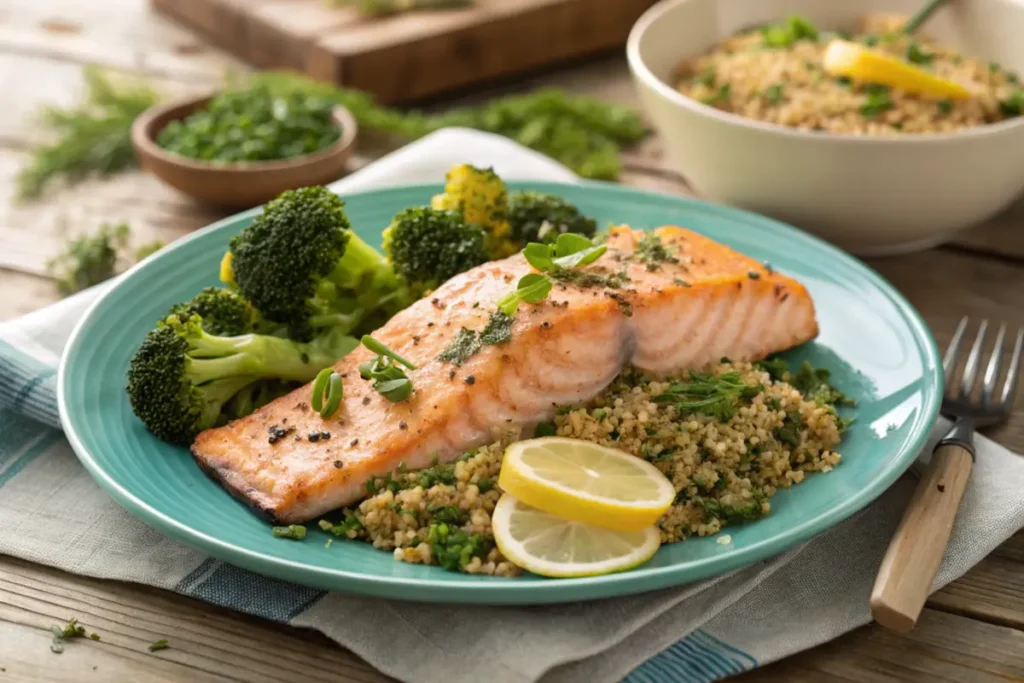 Baked salmon with steamed broccoli and quinoa