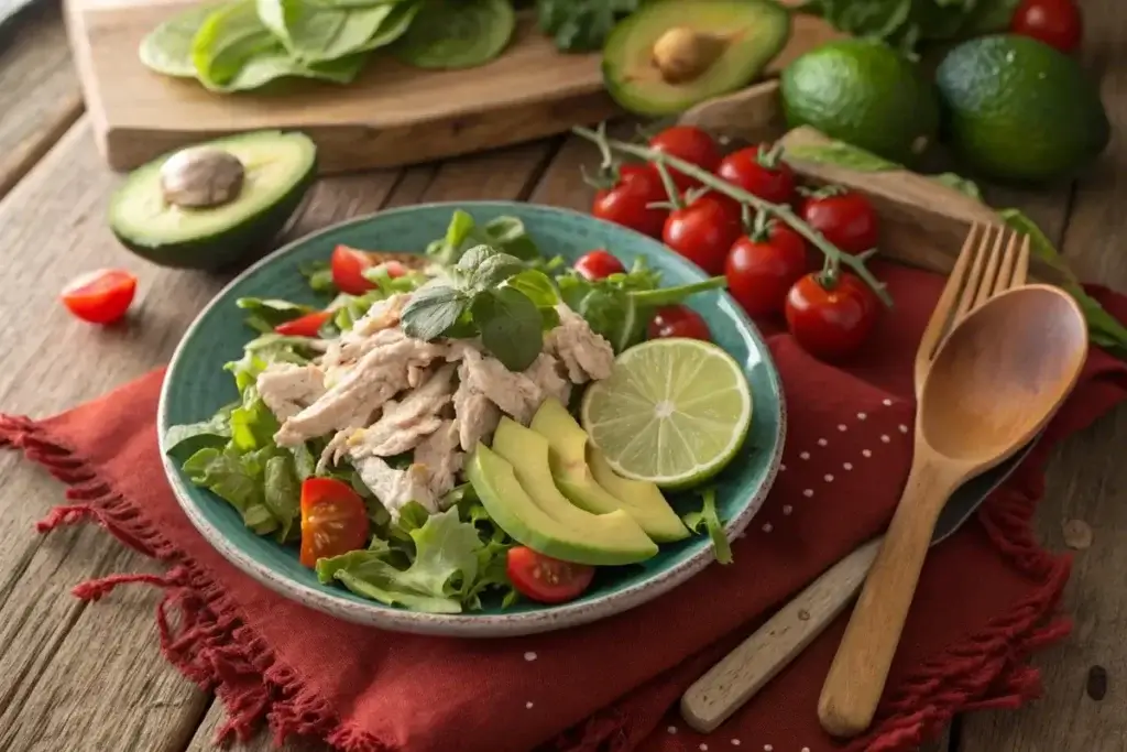 Shredded chicken salad with fresh greens and lime on a rustic table