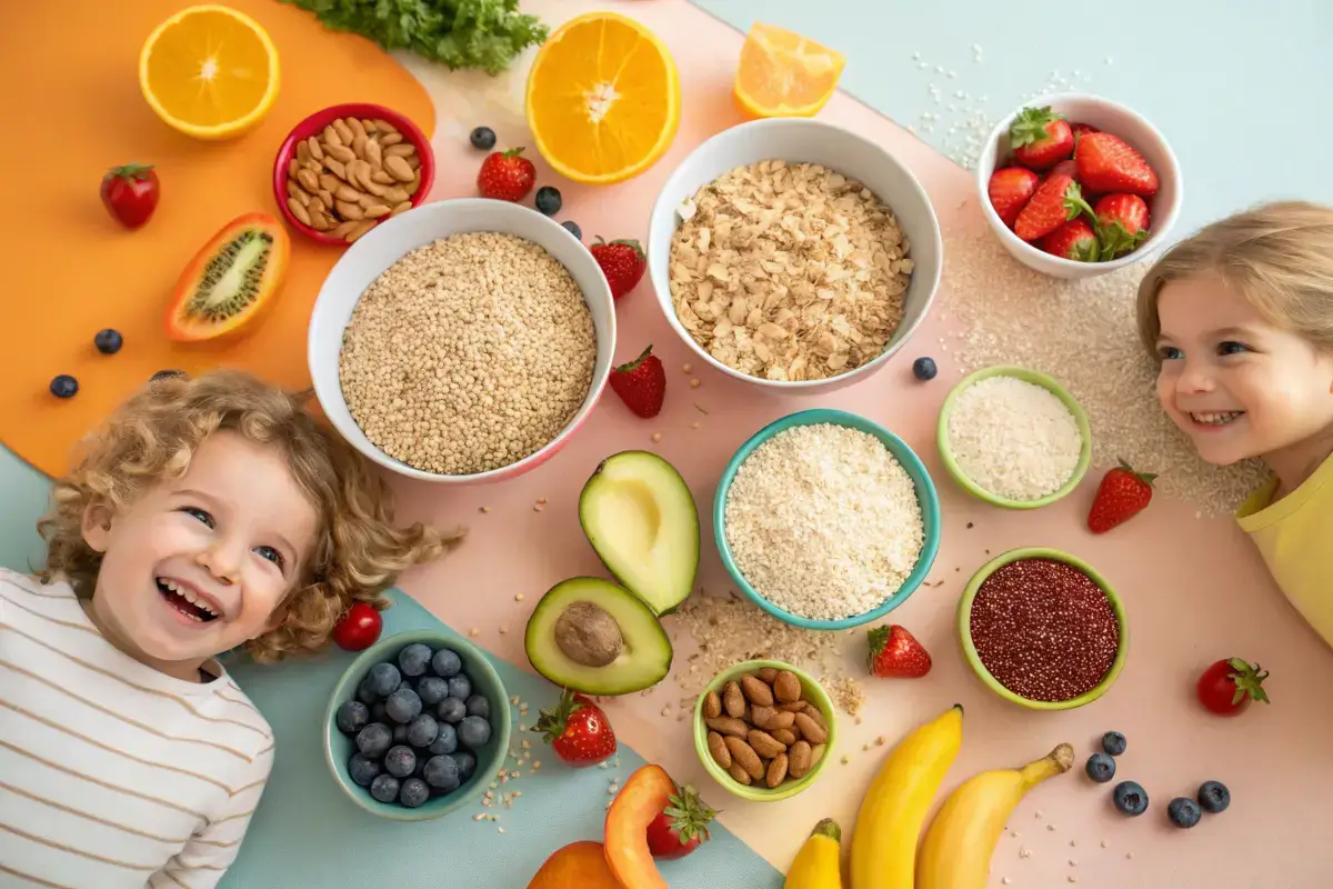 A colorful spread of grains preschoolers can eat with fresh fruits and smiling kids