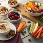 An assortment of healthy evening snacks on a rustic wooden table