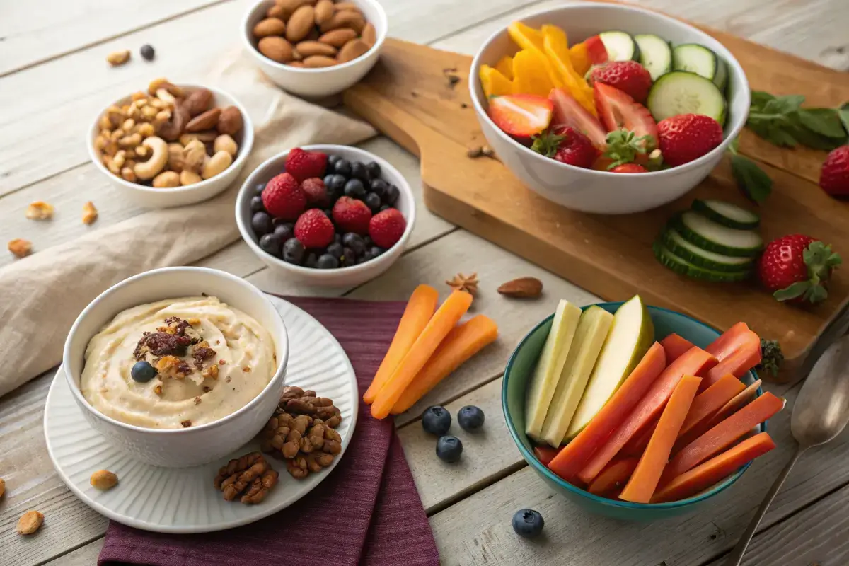 An assortment of healthy evening snacks on a rustic wooden table