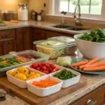 Colorful meal prep containers with fresh produce on a rustic countertop