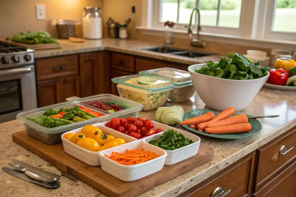 Colorful meal prep containers with fresh produce on a rustic countertop