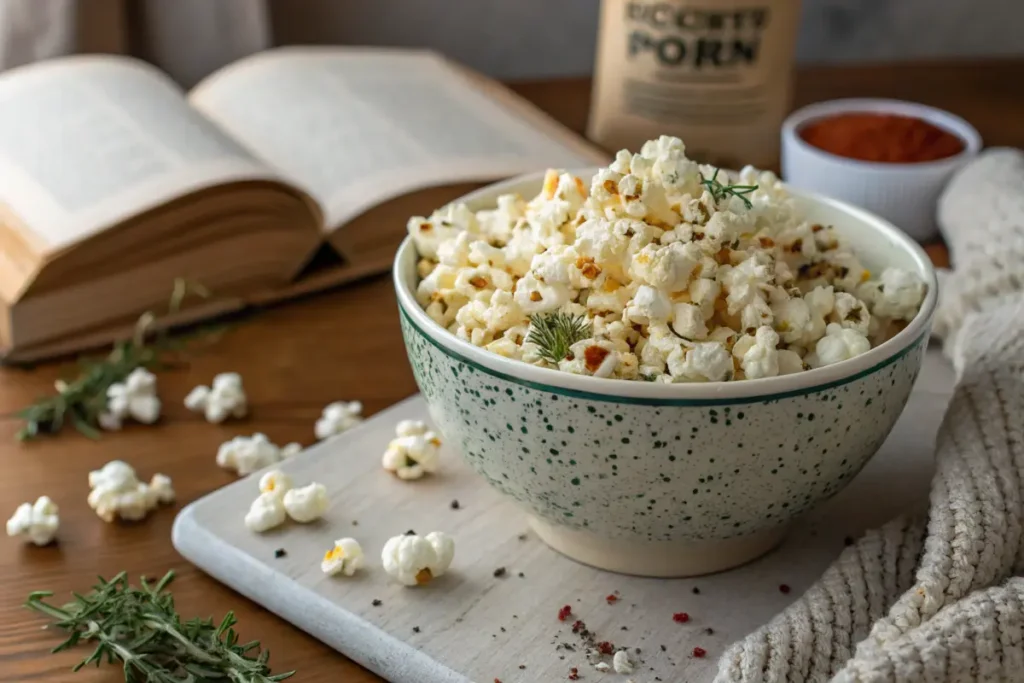 A bowl of homemade popcorn seasoned with herbs and spices, perfect for a cheap and healthy snack.