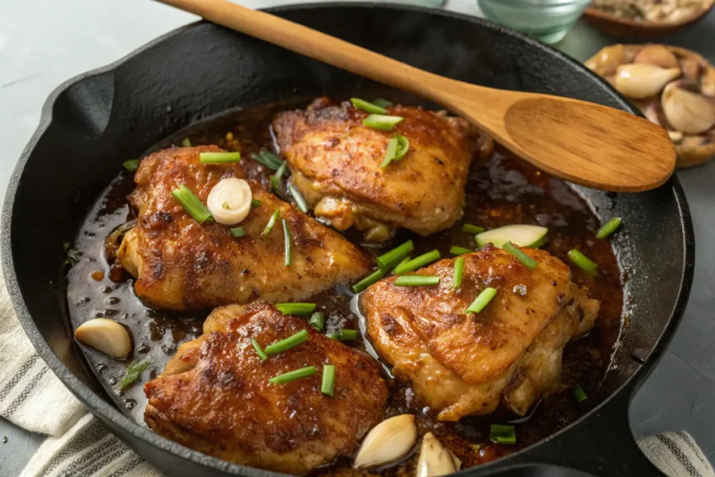 Chicken sizzling in a skillet with honey garlic sauce