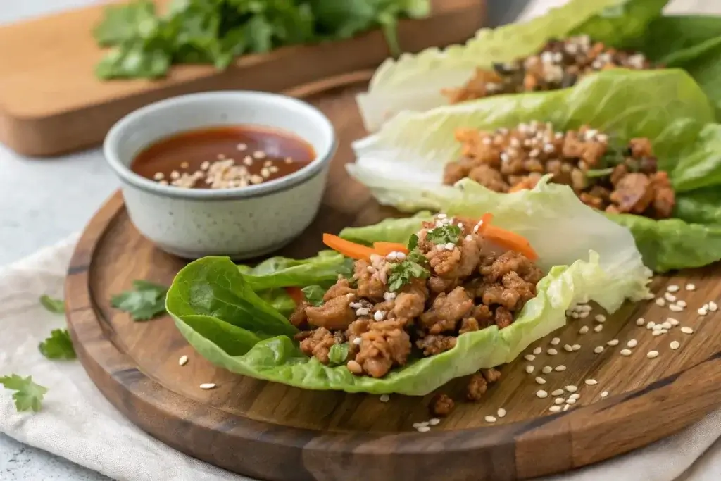 Ground chicken lettuce wraps with sesame seeds and dipping sauce