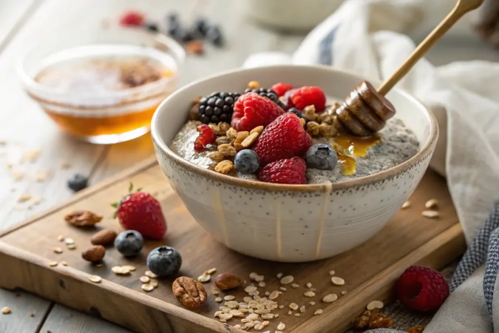 Chia pudding topped with berries and nuts, a sweet treat for diabetics