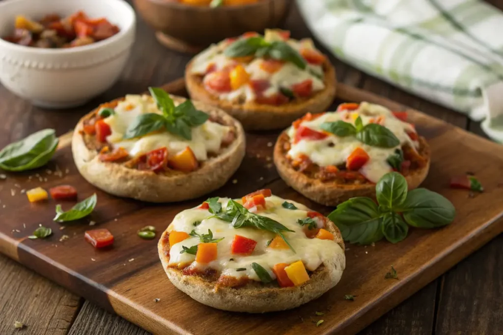 Mini veggie pizzas with cheese and fresh basil