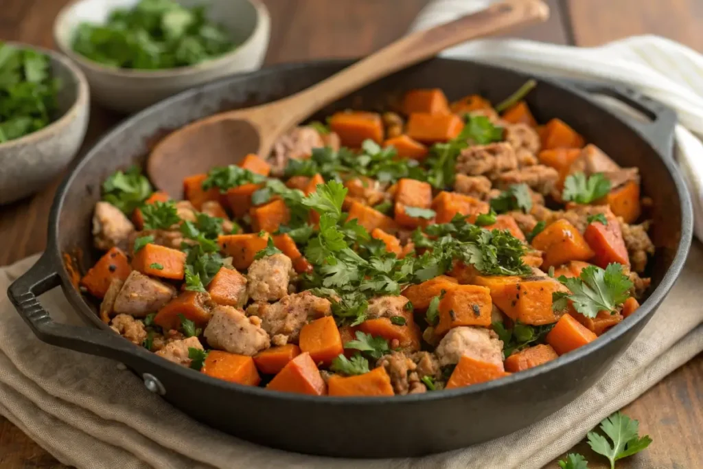 Ground chicken sweet potato skillet garnished with parsley