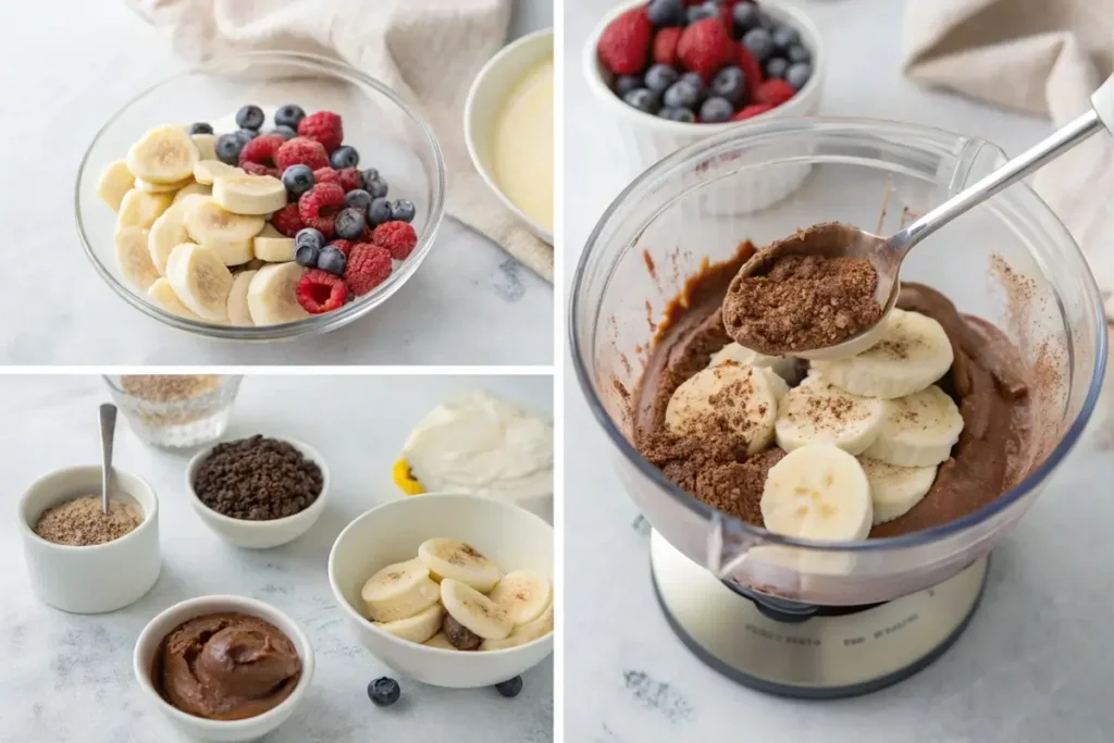 Preparing banana-based nice cream with frozen bananas and toppings.