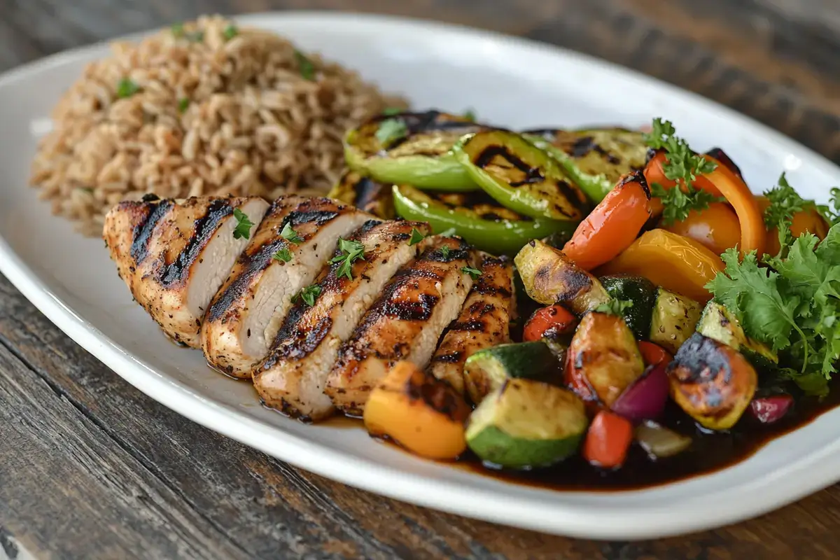 A balanced 1300 calorie meal featuring grilled chicken, vegetables, and brown rice