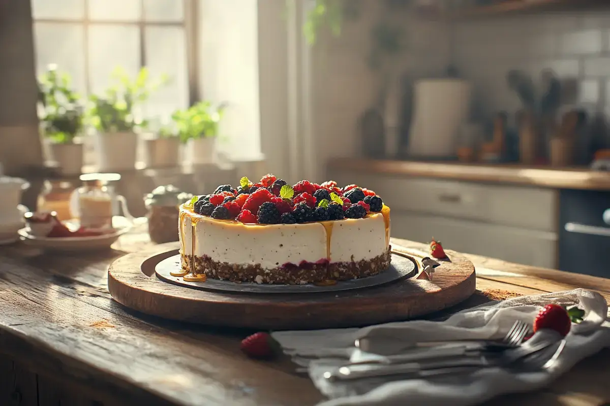 Whole healthy cheesecake with fresh berries and honey drizzle on a rustic table