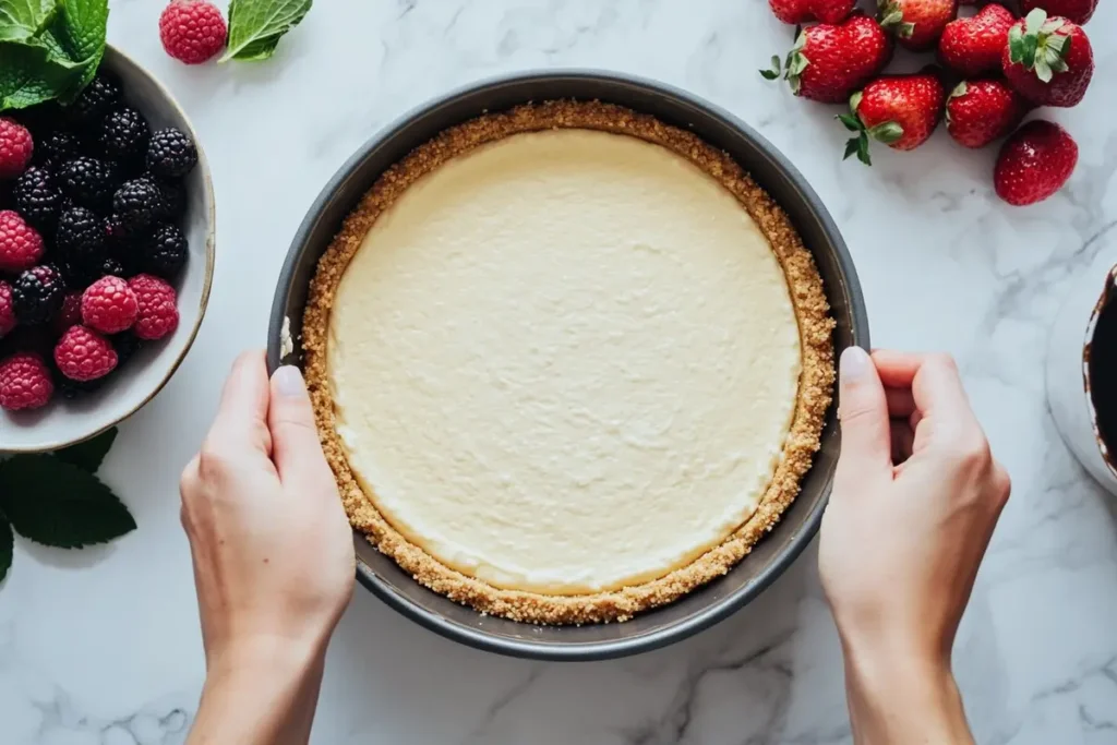Hands pressing graham cracker crust into a pan for healthy cheesecake