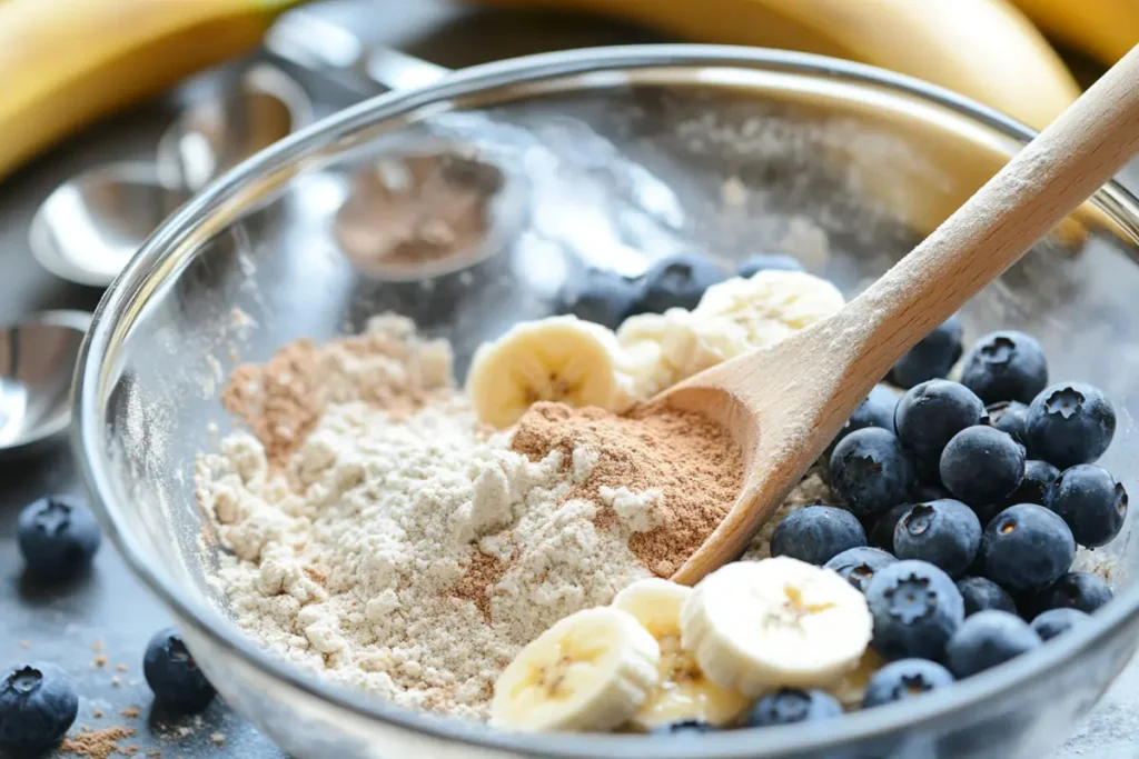 Mixing bowl with healthy muffin ingredients like whole-grain flour and bananas