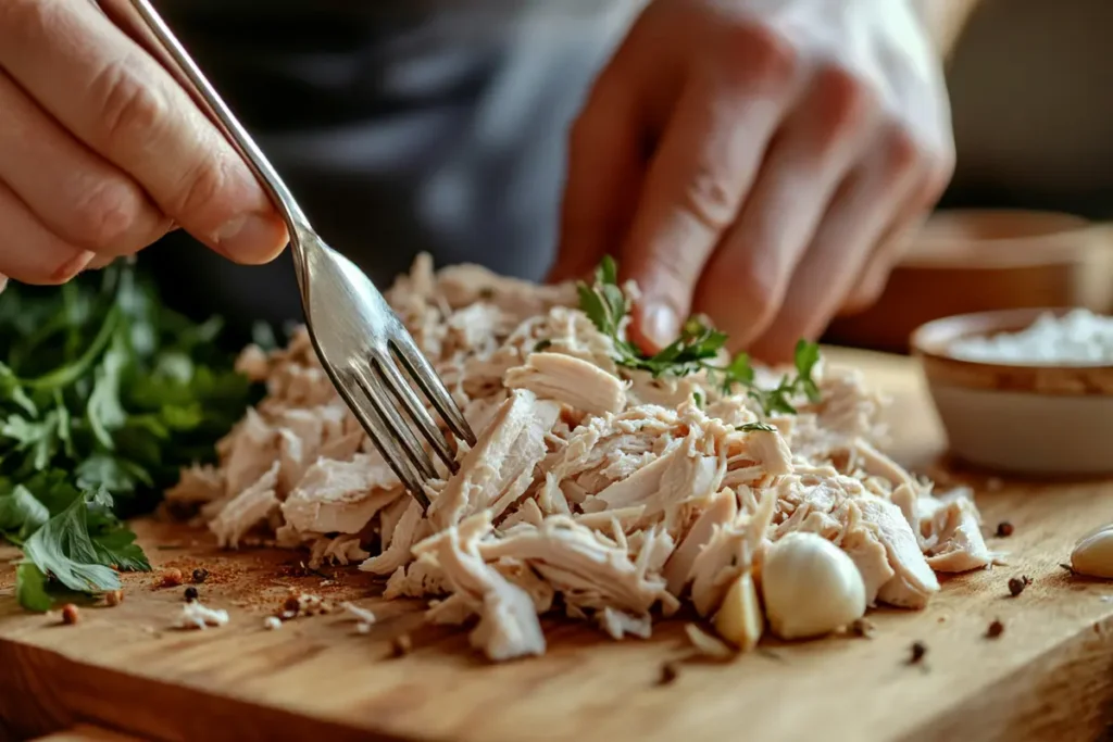 Step-by-step shredding of cooked chicken on a cutting board