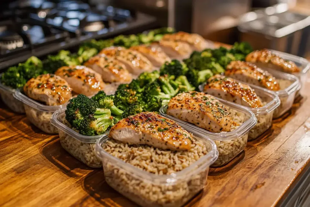 Meal prep containers with honey garlic chicken, rice, and broccoli