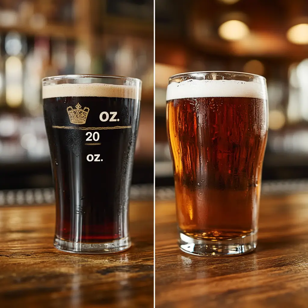 Comparison of US and UK pint sizes with labeled glasses