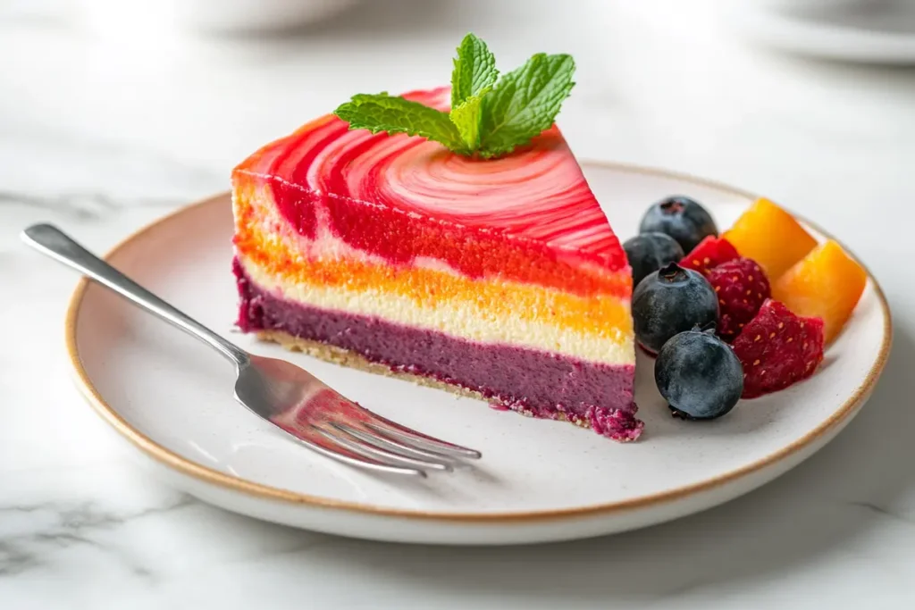 A slice of healthy cheesecake with berry swirl and mint garnish