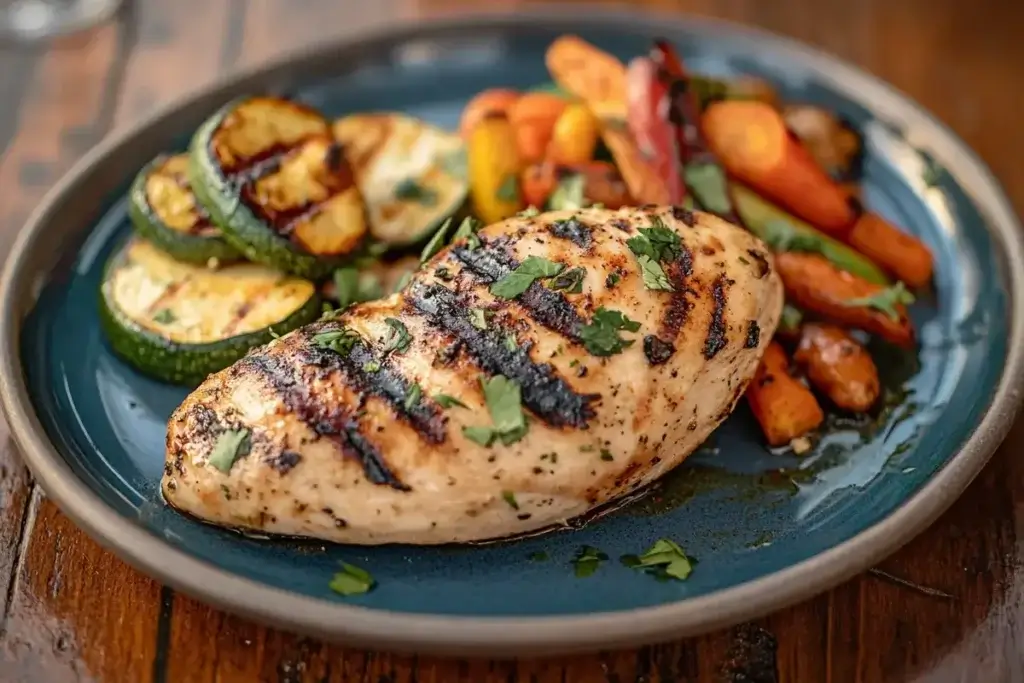 Grilled chicken breast with roasted vegetables and fresh herbs