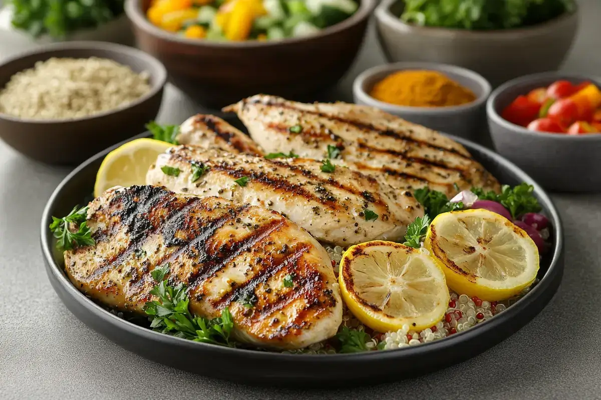 Grilled lemon herb chicken with vegetables and quinoa