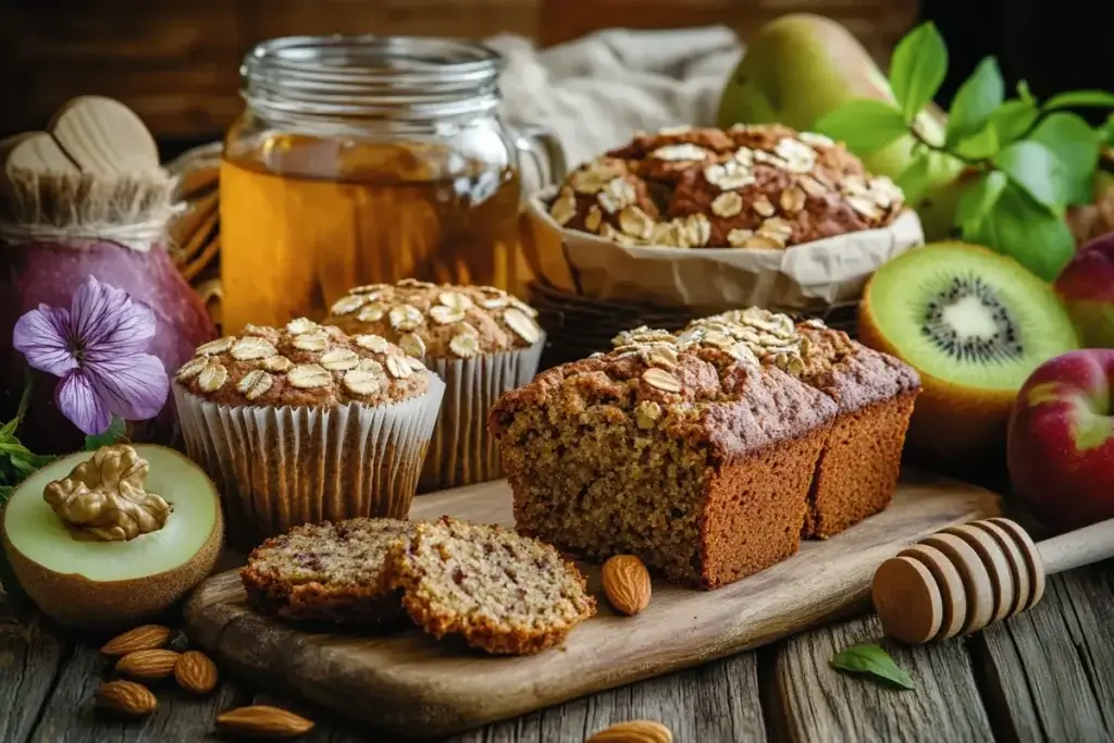 Table of healthy baked goods including muffins, cookies, and a loaf