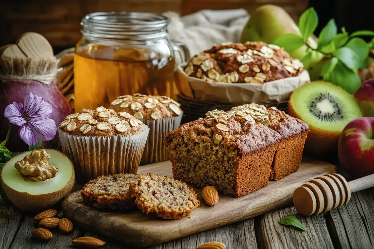 Table of healthy baked goods including muffins, cookies, and a loaf