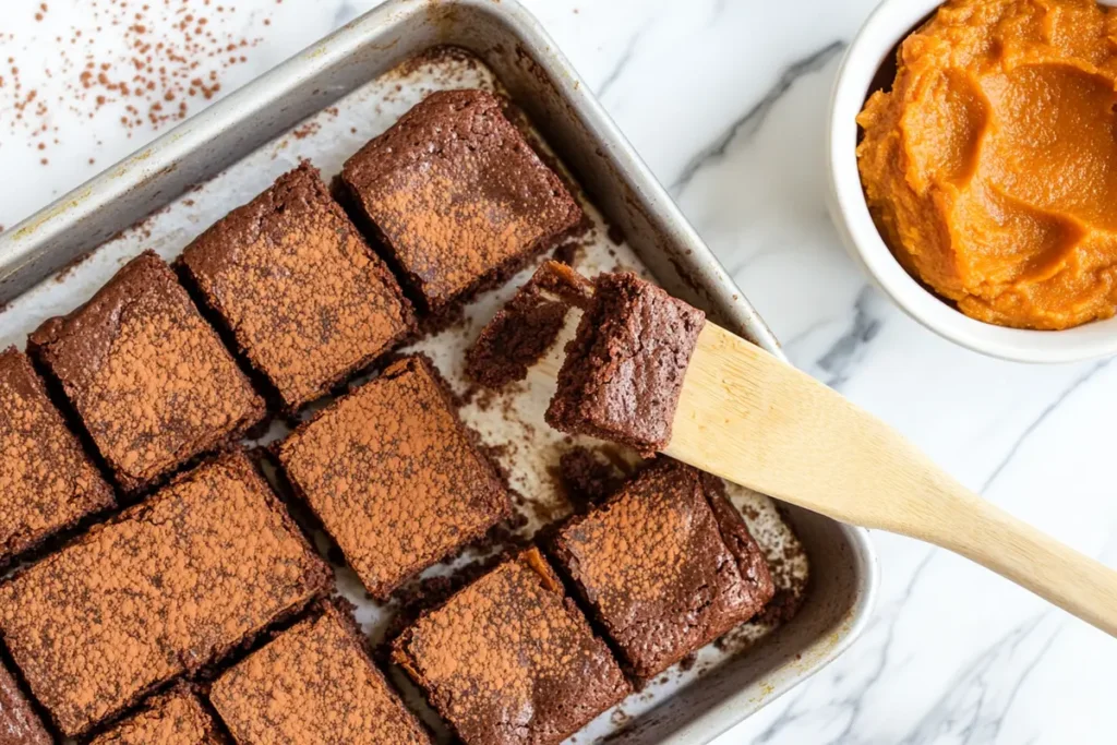 Tray of healthy sweet potato brownies with cocoa dusting