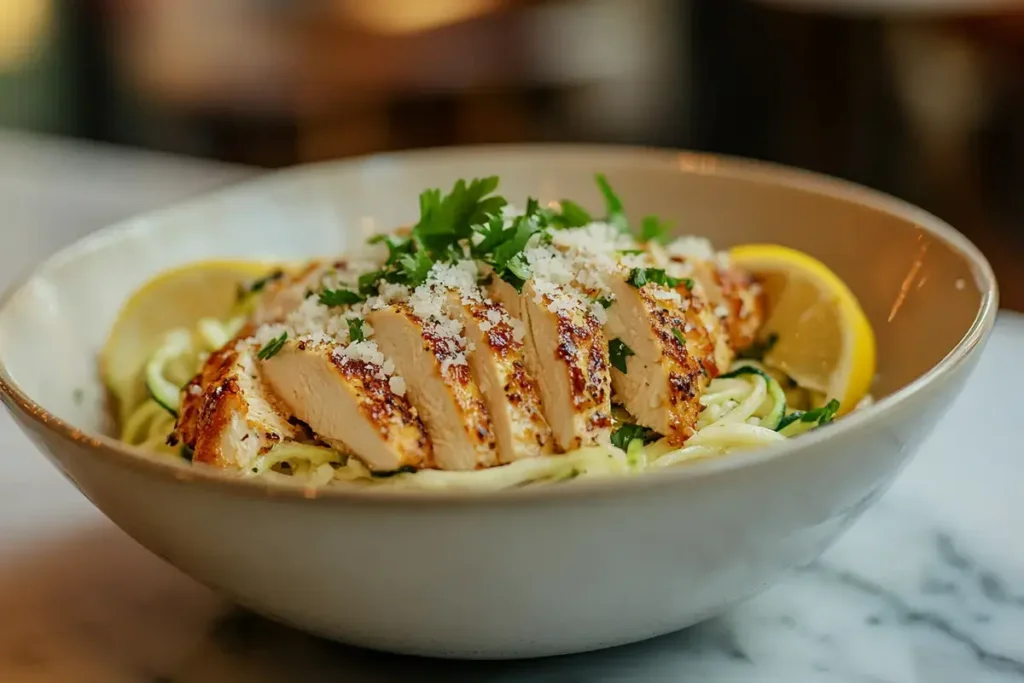Zoodles with lemon garlic chicken breast and Parmesan cheese