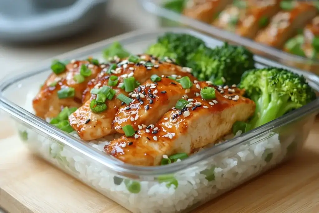 Honey garlic chicken meal prep with broccoli and rice in a glass container.