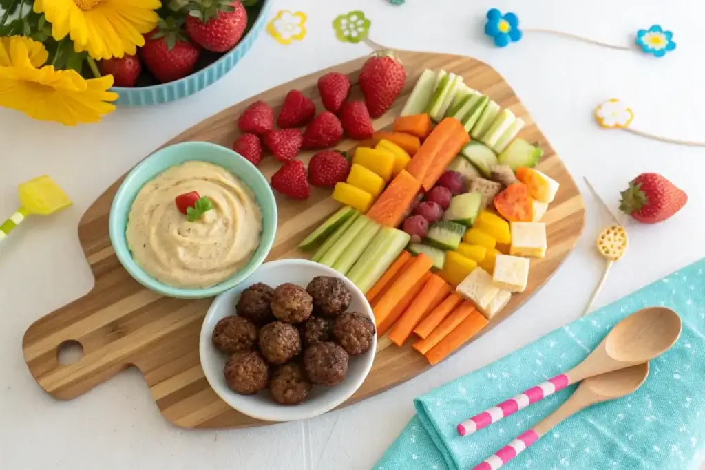 Colorful snack platter with fruit skewers, energy bites, and veggie sticks