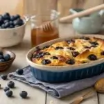 Golden Blueberry Cottage Cheese Breakfast Bake with fresh blueberries and honey drizzle