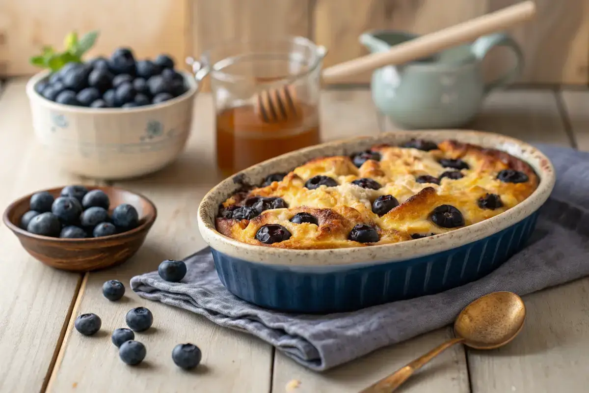 Golden Blueberry Cottage Cheese Breakfast Bake with fresh blueberries and honey drizzle