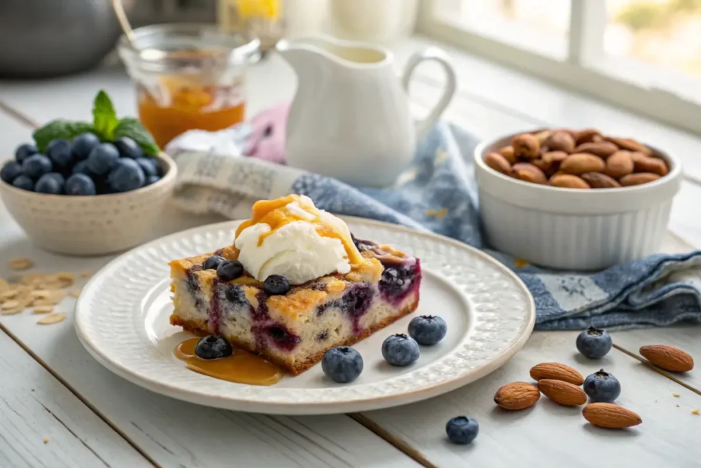 A plated slice of Blueberry Cottage Cheese Breakfast Bake with yogurt and honey drizzle