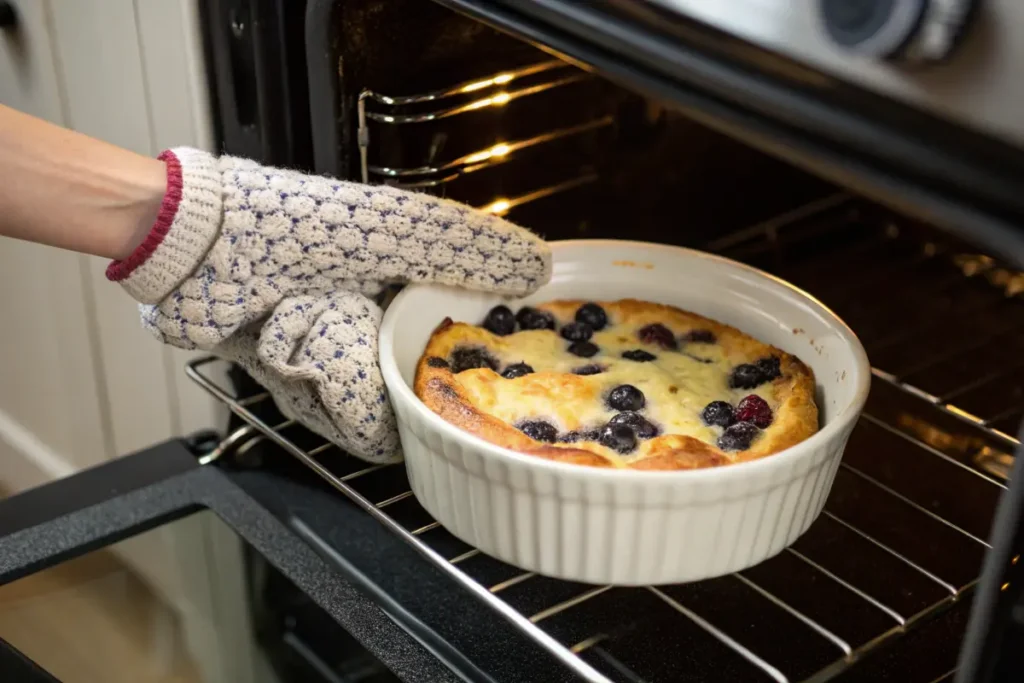 Freshly baked Blueberry Cottage Cheese Breakfast Bake coming out of the oven