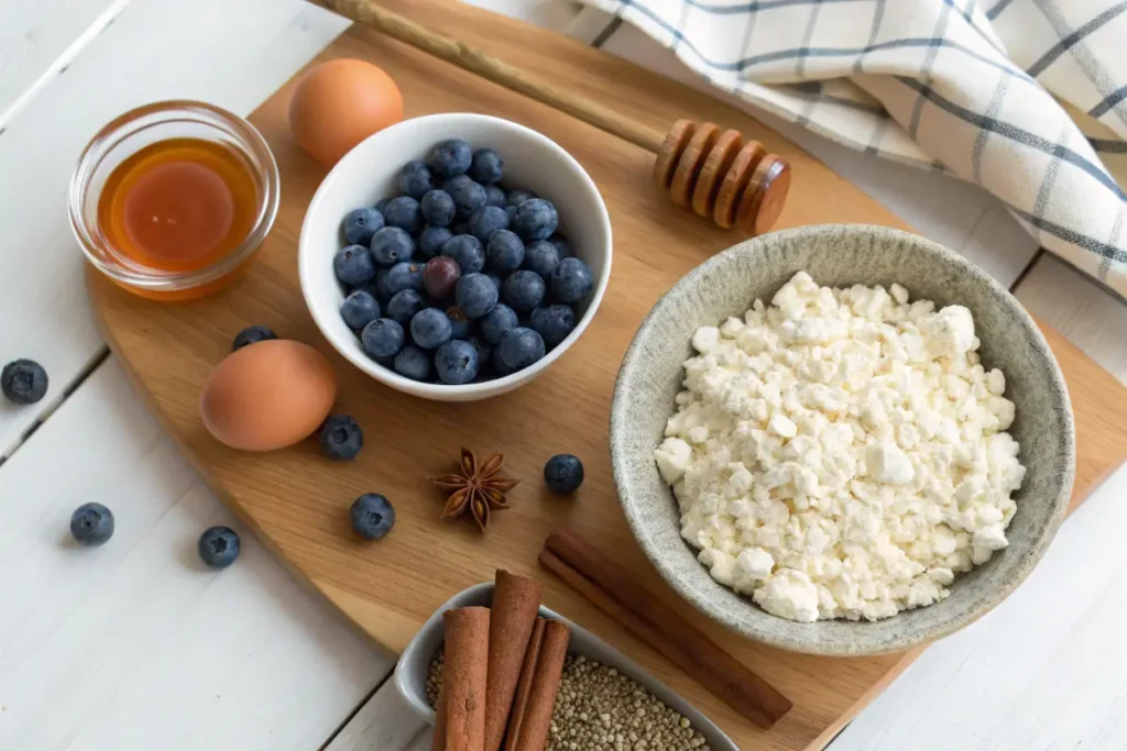 Fresh ingredients for a Blueberry Cottage Cheese Breakfast Bake on a wooden table