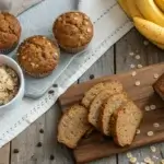 A variety of healthy baked goods, including muffins, cookies, and banana bread, displayed on a rustic wooden table.