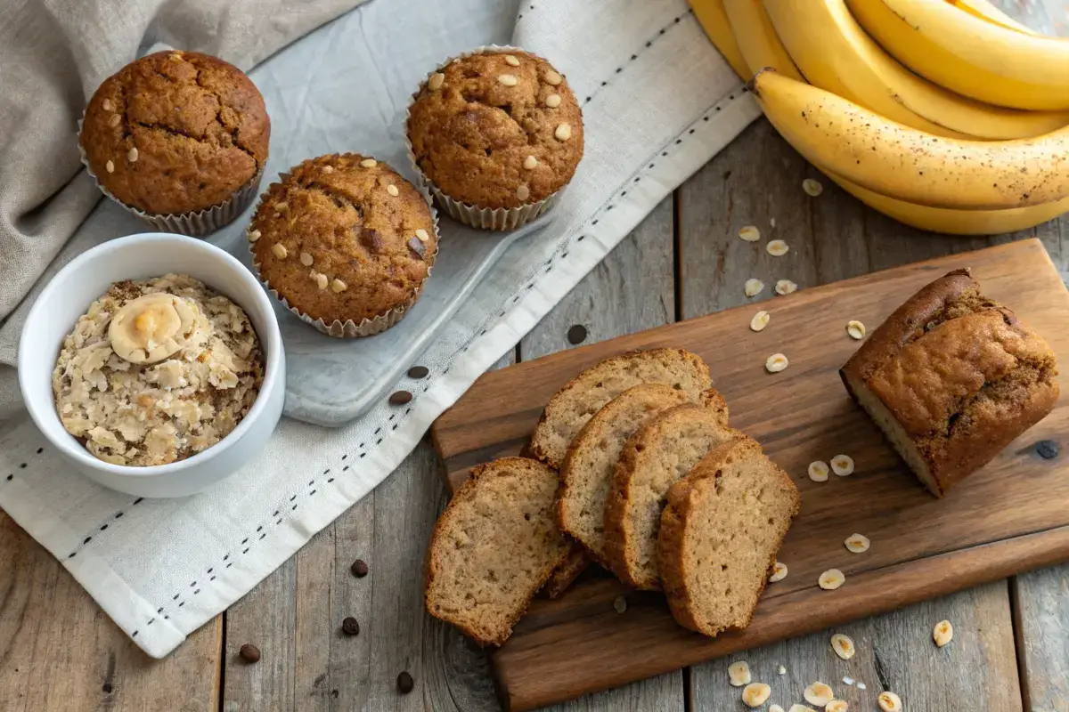 A variety of healthy baked goods, including muffins, cookies, and banana bread, displayed on a rustic wooden table.