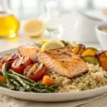 Healthy, balanced meal for weight loss with salmon and quinoa.