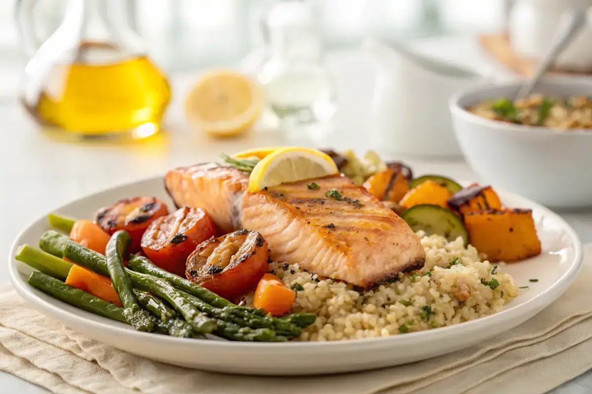 Healthy, balanced meal for weight loss with salmon and quinoa.