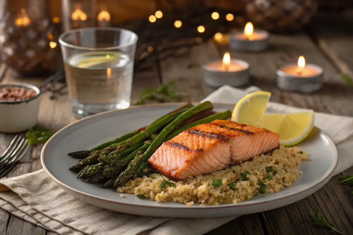 Healthy dinner for two featuring grilled salmon, quinoa, and asparagus