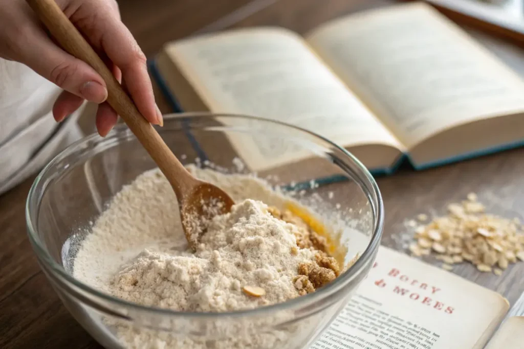 A baker stirring a mixture of whole wheat flour and almond milk in a glass bowl.