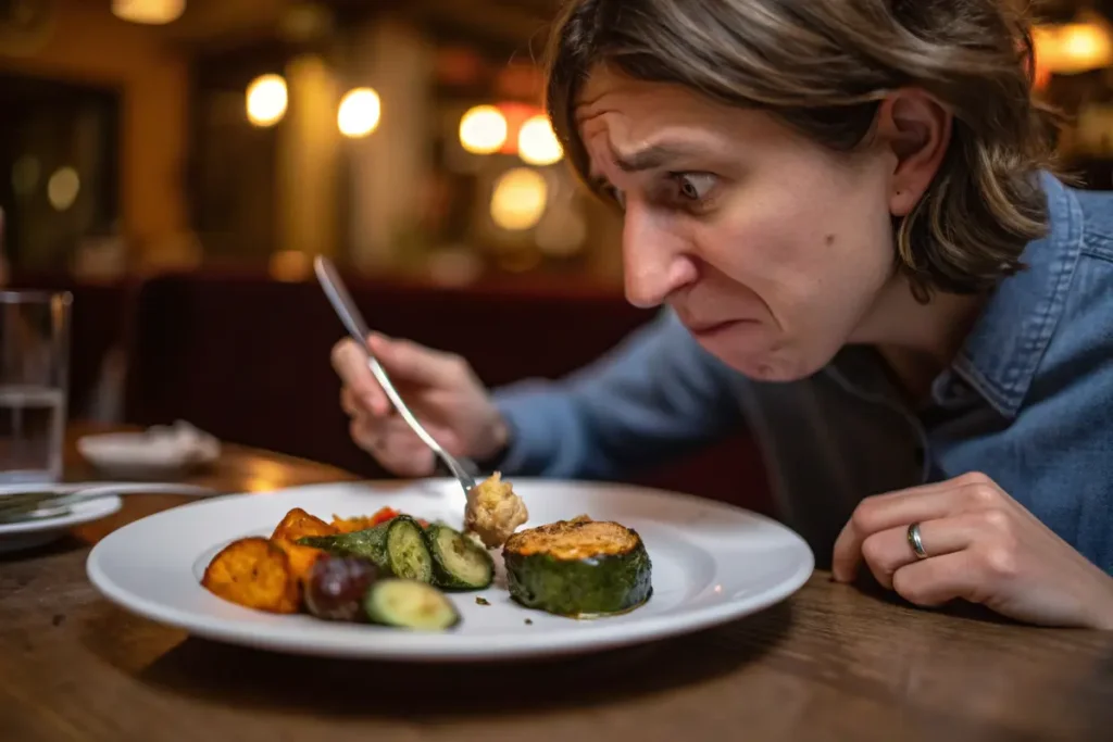 A picky eater trying a small bite of a new vegetable.